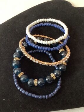 Navy & White Beaded Bangle/Bracelet Stack with Gold Accents, Brand New